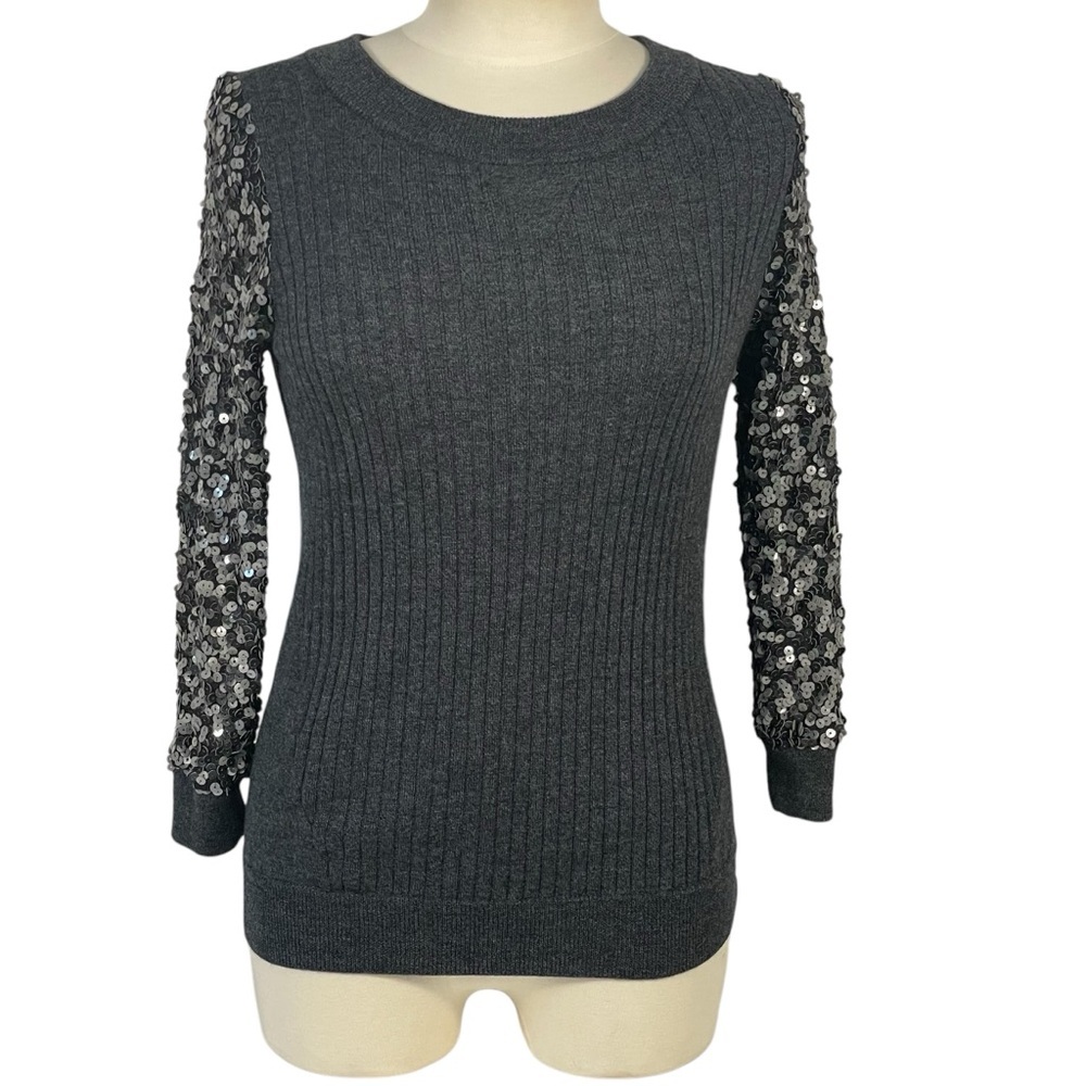 Rachel Zoe Heather Gray 100% Wool Sequin Sleeve Crew Neck Sweater Sz S
